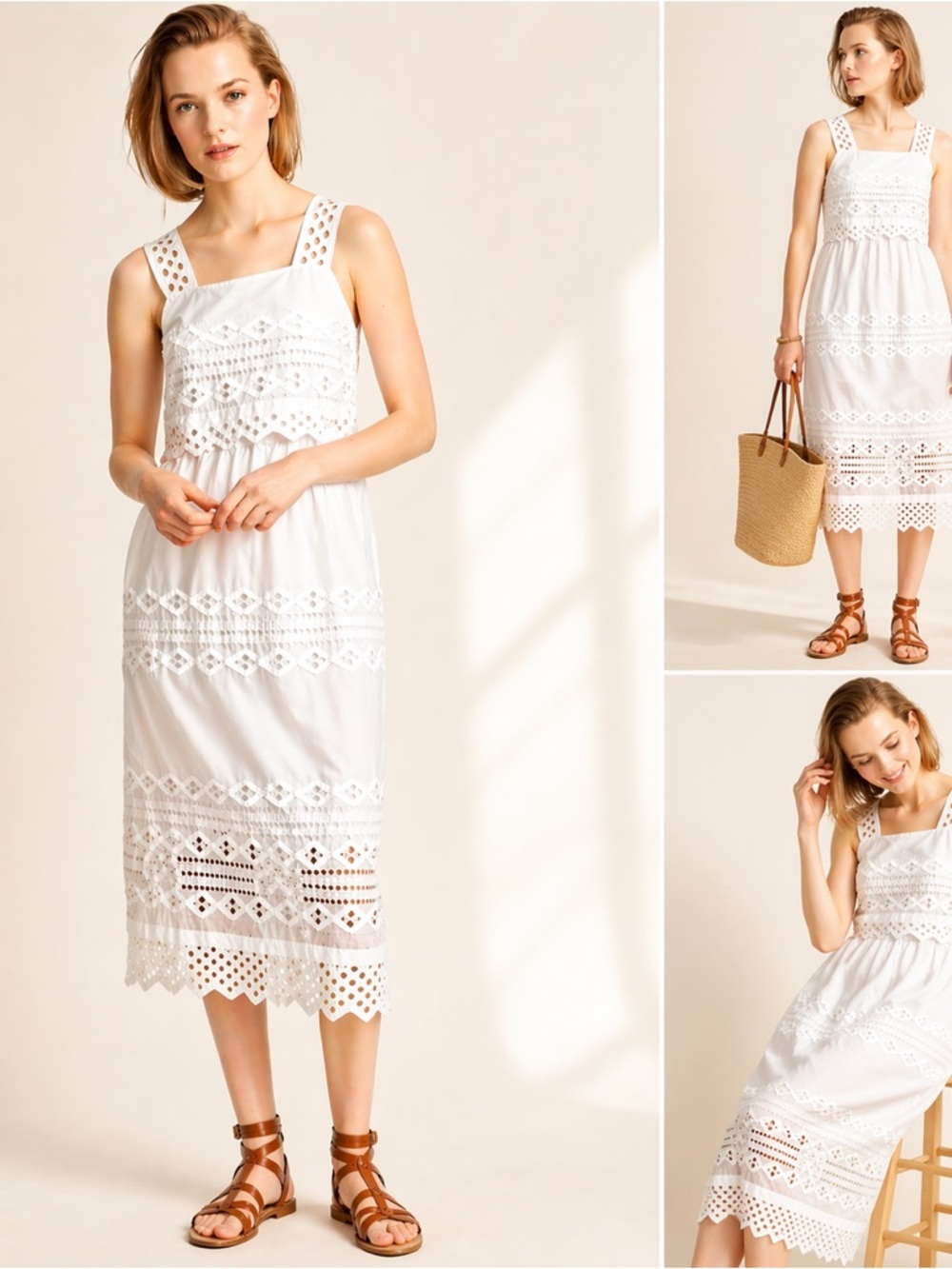 J.Crew White Eyelet Midi Dress Square Neck Embroidered Lace Summer Boho